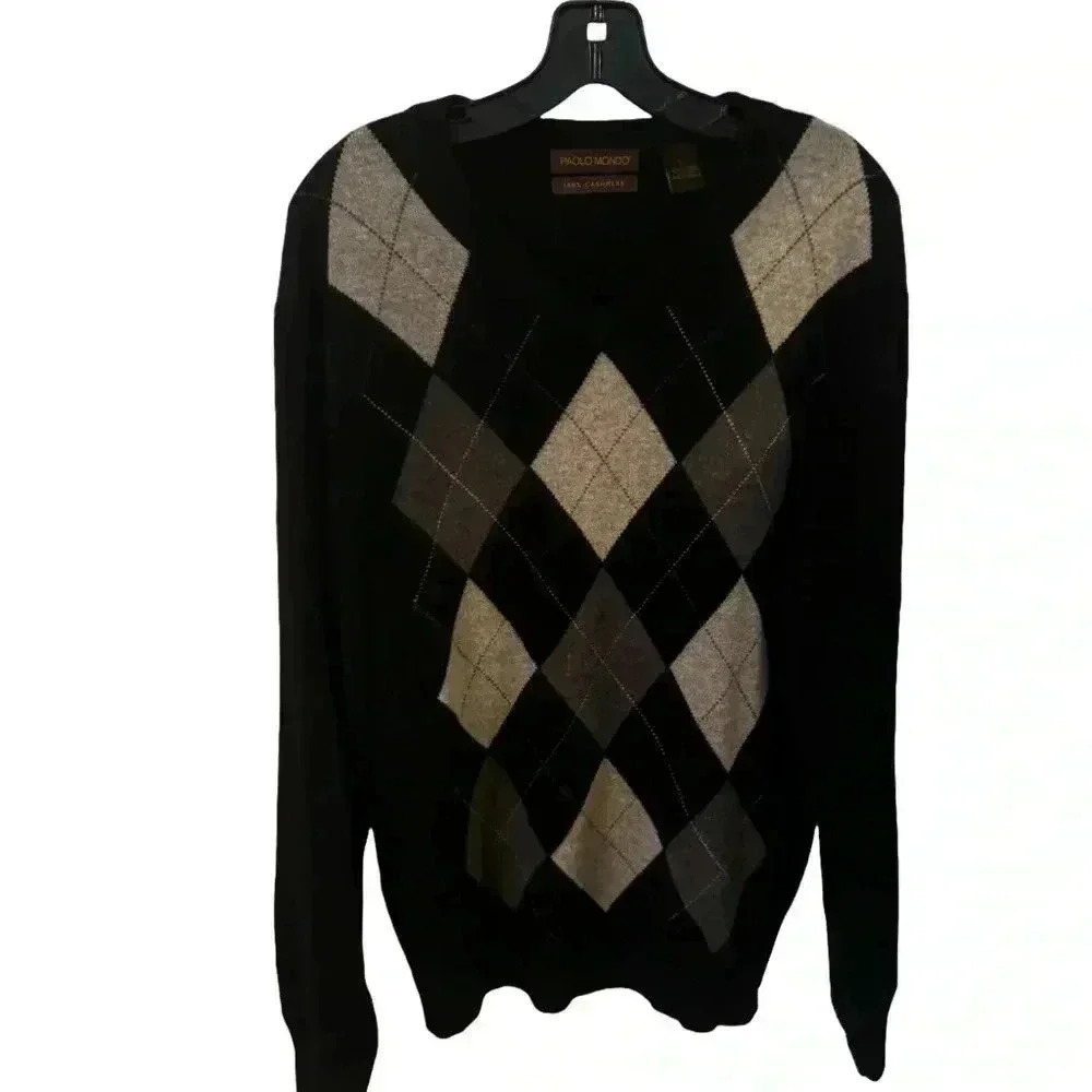 PAOLO MONDO MENS 100% CASHMERE SWEATER ARGYLE V-NECK PULLOVER SIZE L SOFT
